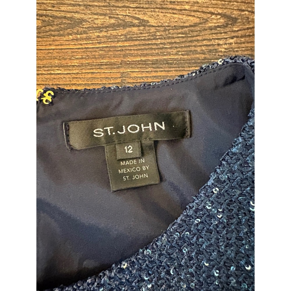 St John Sheath Dress Womens 12 Navy Blue Sequin Knit Sleeveless Gala - Picture 5 of 6